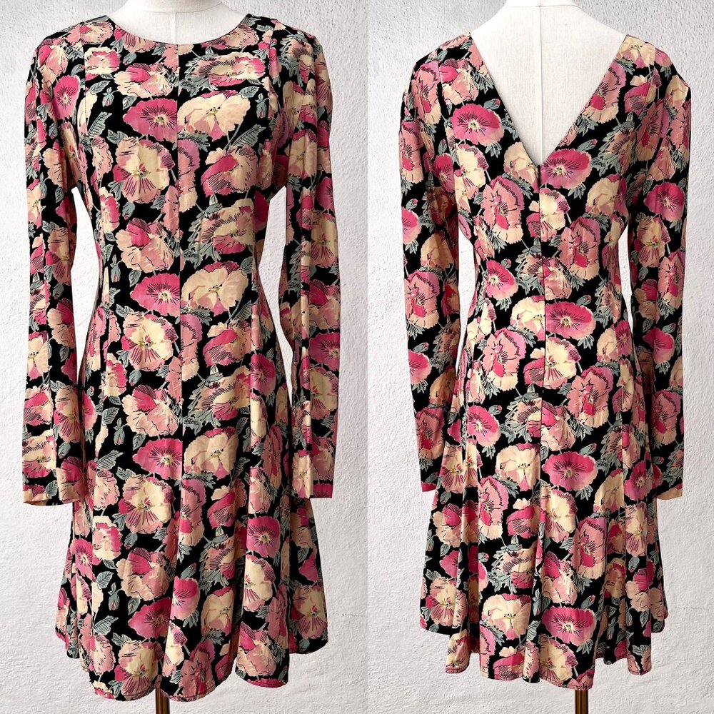 Vintage 80s Ashley Brooke 100% Rayon Floral Long Sleeve Swing Dress Size 10